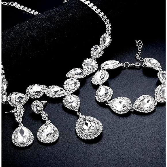 Diamond Crystal Necklace Set CZ Zircon Rhinestone Necklace Bracelet Earrings Set - Picture 1 of 7